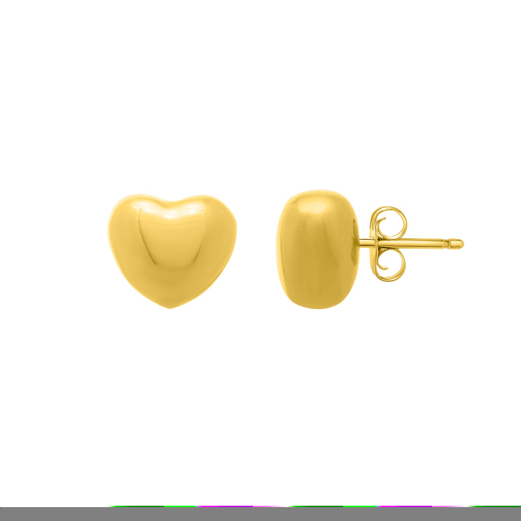 Sterling Silver (Yellow Gold Plated) Polished Puffed Small Heart Studs with Push Back Clasp.