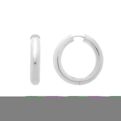 Sterling Silver Round Hoop Earrings with Snap Clasp. Item has rhodium finish.