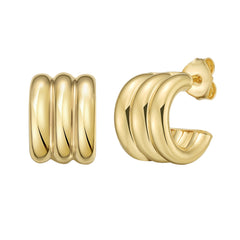 Sterling Silver (Yellow Gold Plated) Triple Row C-Hoop Earring with Push Back Clasp