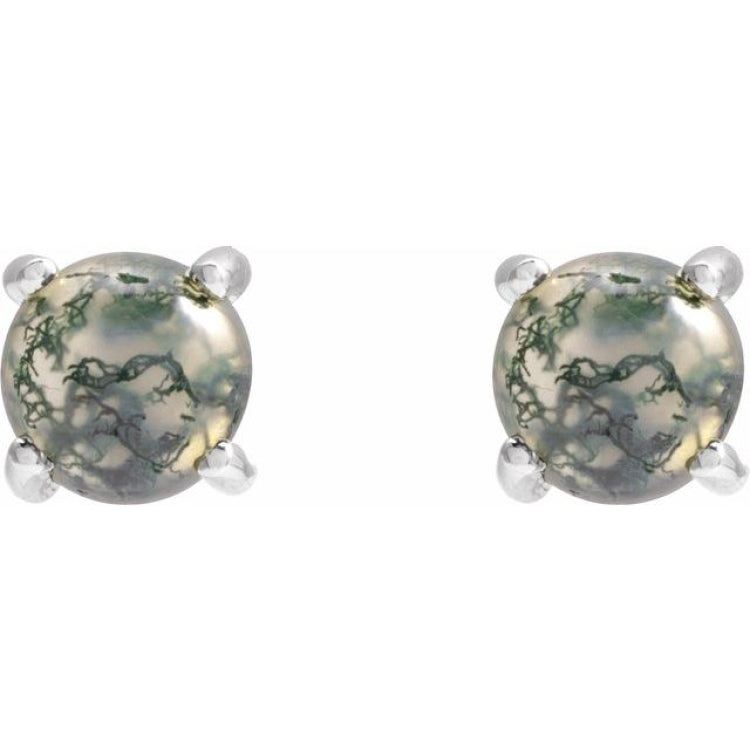 Sterling Silver Natural Moss Agate Cabochon Earrings
