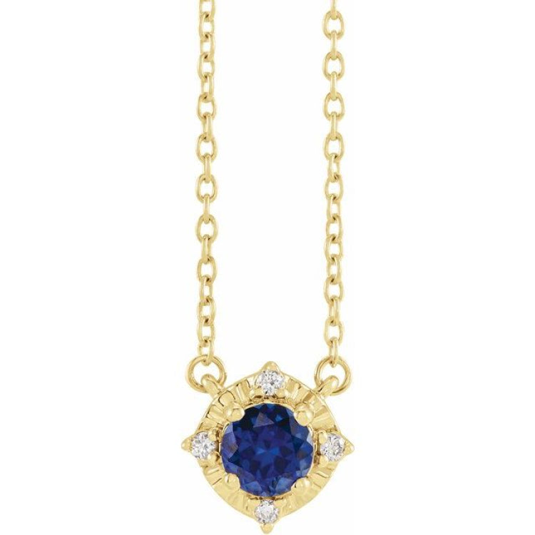 14K Yellow Gold Lab-Grown Blue Sapphire & .04 CTW Natural Diamond Halo-Style 18" Necklace