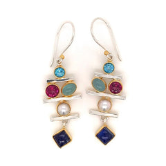 Silver & Gold Earrings w/ Topaz, Rhodolite Garnet, Agate, Moonstone & Pearl