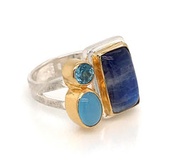 Silver & Gold Ring w/Moonstone, Topaz & Agate- Size 7