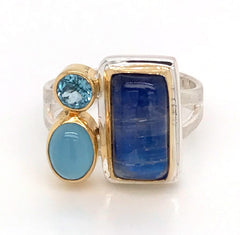 Silver & Gold Ring w/Moonstone, Topaz & Agate- Size 7