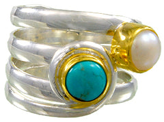 Silver & Gold Ring with Turquoise and Pearl- Ring size 8.5