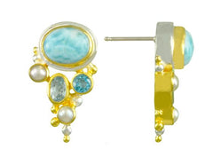 Mixed Metal Earrings with Blue Topazes and Pearls
