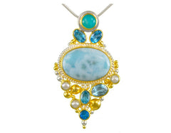 Two-Tone Pendant with Larimar, Topazs, Amezonite and Pearls- 18"