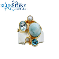 Silver & Gold Ring with Pearl, Larimar and Topaz- size 6