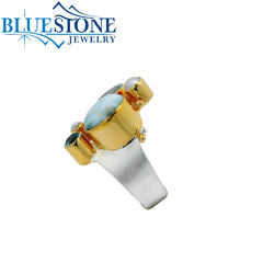Silver & Gold Ring with Pearl, Larimar and Topaz- size 6