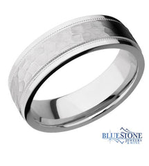 7.5mm 14K White Gold Flat Band w/ Stepped Milgrain Polished Edges & Hammered Middle.