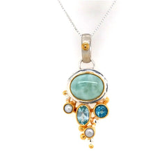 Two-Tone Pendant w/ Larimar, Blue Topaz & Pearls -18"