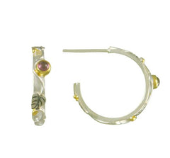 Silver & Gold Hoop Earrings w/ Rhodolite Garnet