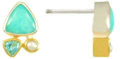 Two-Tone Stud Earrings with Amazonite, Pearl and Topaz