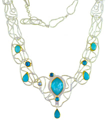 Silver & Gold Necklace w/ Mother of Pearl, Topaz & Amazonite