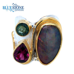 Silver & Gold Ring w/Opal, Garnet and Green Topaz- Size 6.75