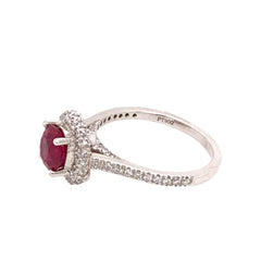 Platinum Ring with a 1.53 Carat AAA Quality Round Ruby and Diamonds