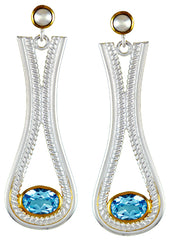 Silver & 22K YG Earrings with Topaz and Pearls