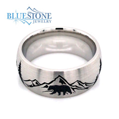 Cobalt Chrome Domed 9mm Band with Tahoe Mountains, Trees, Buck and Bear