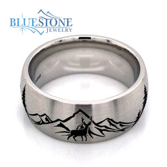 Cobalt Chrome Domed 9mm Band with Tahoe Mountains, Trees, Buck and Bear