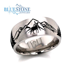 Cobalt Chrome Domed 9mm Band with Tahoe Mountains, Trees, Buck and Bear