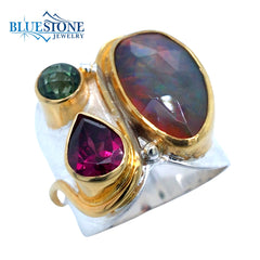 Silver & Gold Ring w/Opal, Garnet and Green Topaz- Size 6.75
