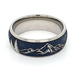 8mm Domed Titanium Band Mountain and Tree Pattern w/Navy Blue Cerakote(size 9.5)