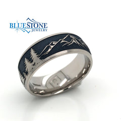 8mm Domed Titanium Band Mountain and Tree Pattern w/Navy Blue Cerakote(size 9.5)