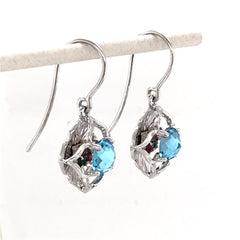 KALEIDOSCOPE 14K White Gold Earrings w/ Blue Topaz, Emerald & Rubies