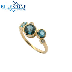 14KYG Bezel Ring w/ Blue Topazes & Diamonds - Sz. 7