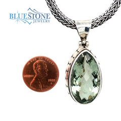 Large Sterling Silver Pendant with One Teardrop/Pear Cut Green Amethys