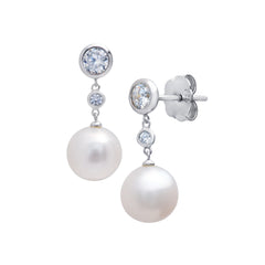 White Silver/Platinum Earrings With 2= Round Pearls And 4= Round Cubic