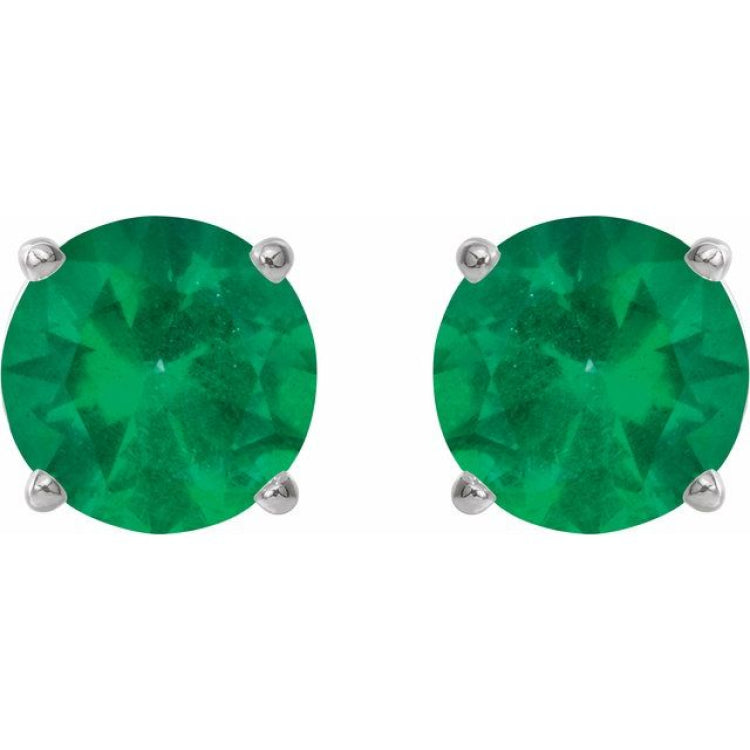 14K White 7 mm Lab-Grown Emerald Earrings