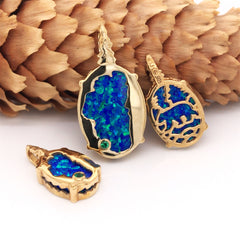 Small 14kt Yellow Gold Plated Lake Tahoe/Bear Reversible Pendant with Lab-Grown Opal