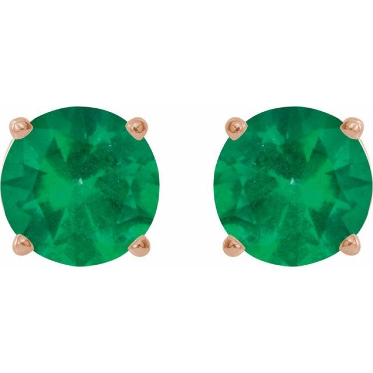 14K Rose 7 mm Lab-Grown Emerald Earrings