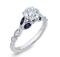 14K White Gold Diamond Engagement Ring w/ Blue Sapphires- Special Order Only