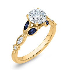 14K Yellow Gold Diamond Engagement Ring w/ Blue Sapphires- Special Order Only
