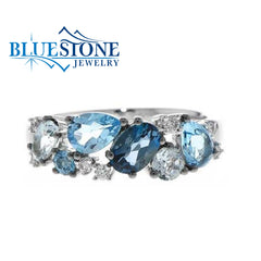 14kt White Gold Multi-Blue Topaz & Diamond Ring- Size 7