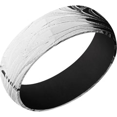 Sunset Damascus Band with Black Sleeve and Engraving- Size 9.5