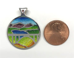 Fine Silver Enamel Truckee Pendant of Donner Lake & Rainbow Bridge in
