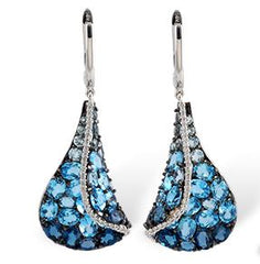 14KW Gold Earrings w/ Sky, London & Swiss Blue Topaz & Diamonds