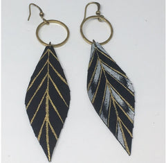 Gabriella Leather Feather Earrings with Gold & Pearl design on Black L