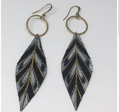 Gabriella Leather Feather Earrings with Gold & Pearl design on Black L