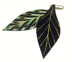 Gabriella Leather Feather Earrings with Gold & Teal design on Black Le