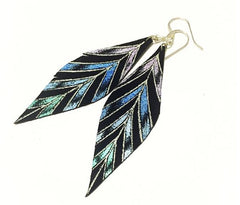 Gabriella Leather Feather Earrings with peacock design with silver