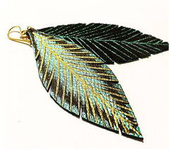 Isabella Leather Feather Earrings with Gold & Teal design on Black Lea
