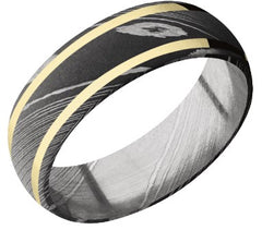 7mm Domed Damascus Ring with Acid Finish with two 1mm 14K Yellow Gold