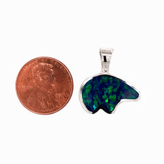 Large Sterling Silver Bear Pendant with Lab Grown Opal. Measures 3/4"