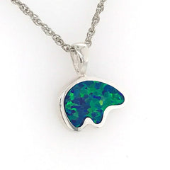 Medium Sterling Silver California Bear Pendant with a Lab Grown Opal I
