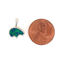 Small Sterling Silver California Bear Pendant with a Lab Grown Opal