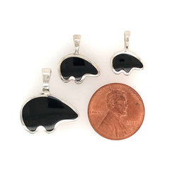 Large Sterling Silver California Black Bear Pendant with Black Onyx In